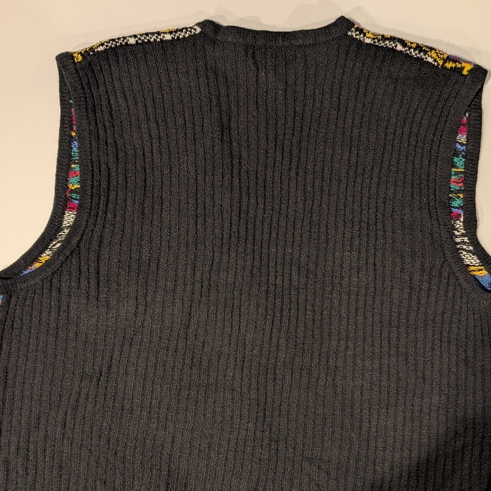 Vintage 90s Koret mixed pattern, V-neck, button up cardigan sweater vest. 1X - Picture 7 of 13
